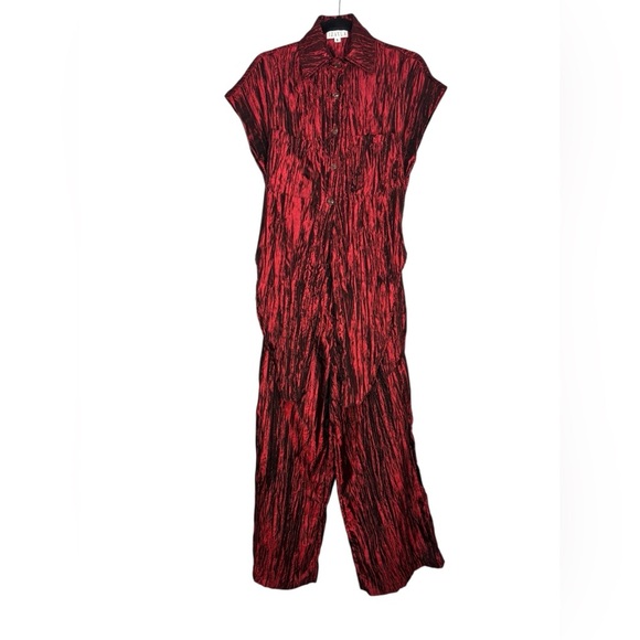 Izayla Wide Leg Short Sleeve Red Black Button Front Crinkle Tie Front Jumpsuit S - Picture 1 of 16